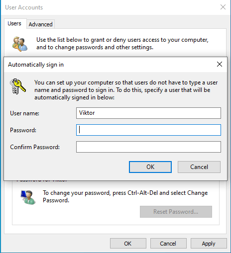 Geben Sie das Kennwort ein, um sicherzustellen, dass die Aktion für Windows 10 ohne Kennwortanmeldung autorisiert ist