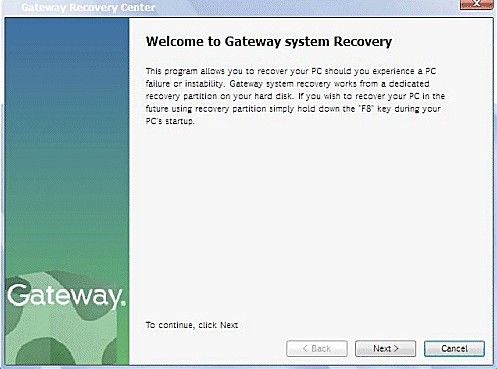 fenêtre de récupération système Gateway