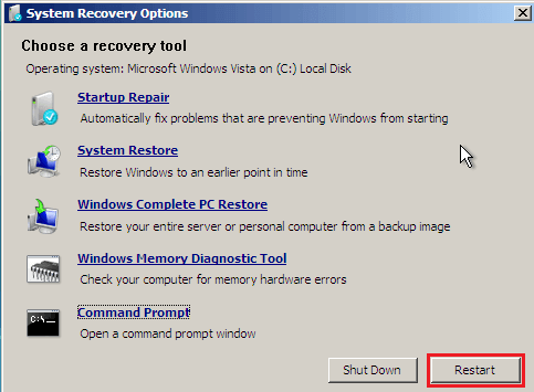 restart the Windows Vista system