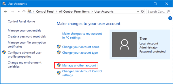 Click “Manage another account” in User Accounts applet