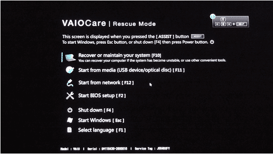 Ouverture du VAIO Care Rescue Center pour formater l'ordinateur portable Sony VAIO