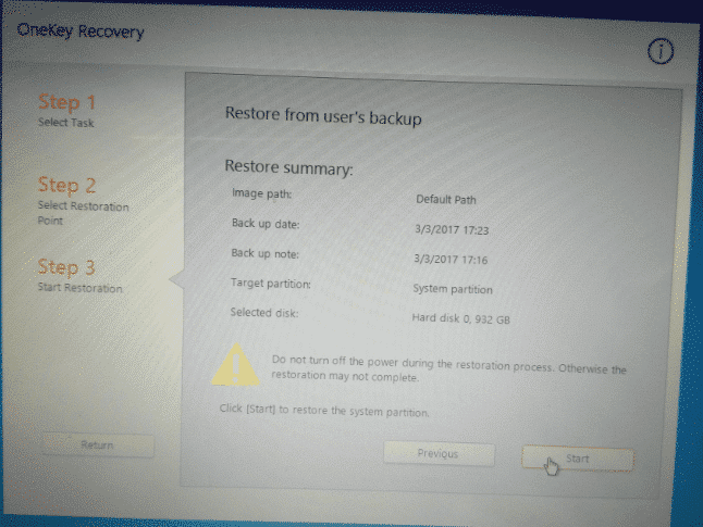 Read The Restore Summary And Click Start on Lenovo Onekey Recovery