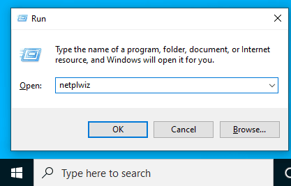 lancez netplwiz pour retirer le mot de passe de Windows 10