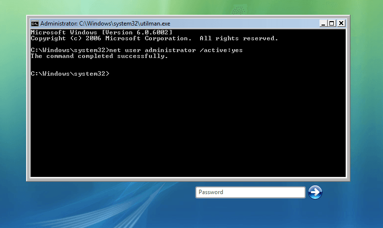 exécutez la commande pour réinitialiser le mot de passe Windows Vista