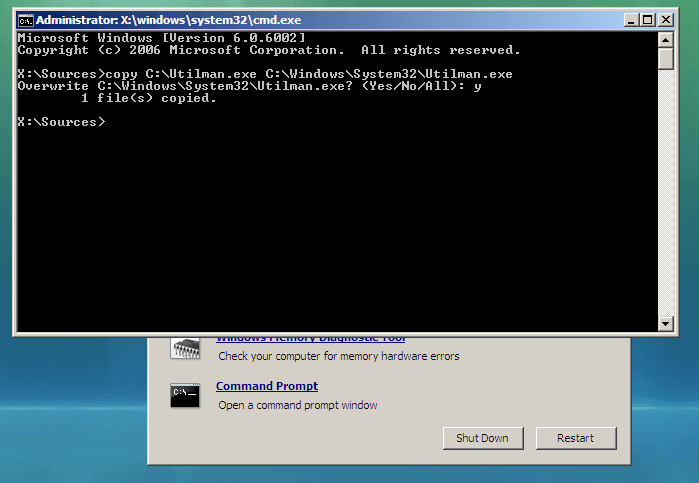 Run the command to reset Windows Vista password if forgotten