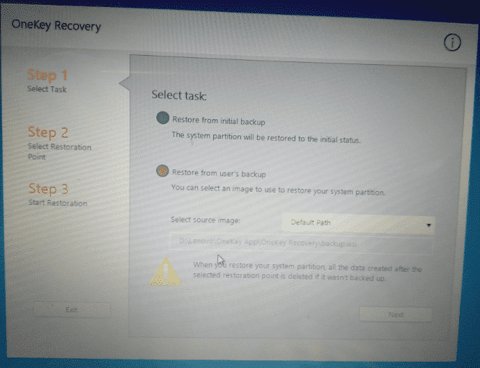 Select Restore From user's Backup on Lenovo laptop