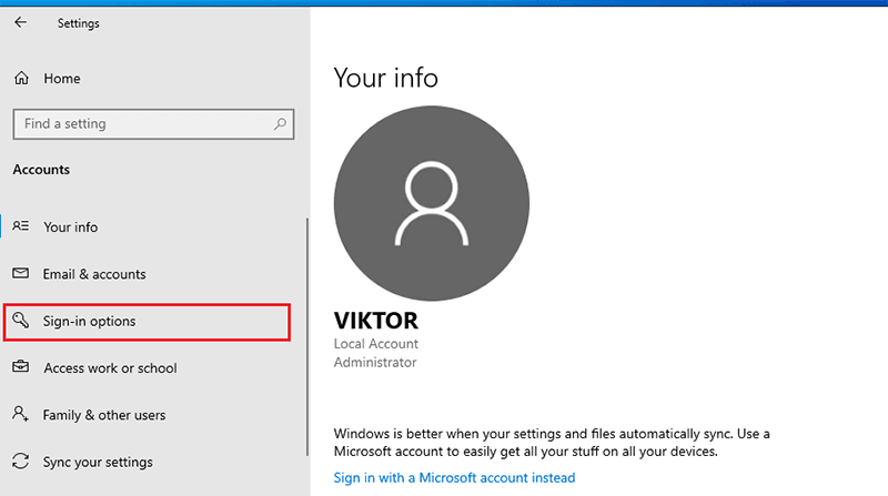 select Sign-in options to set win 10 login without password