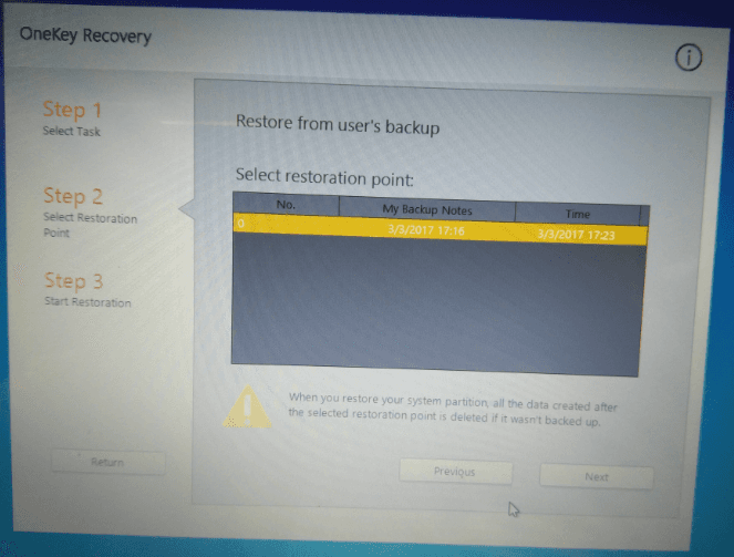 Select The Restore Point while using Lenovo Onekey recovery