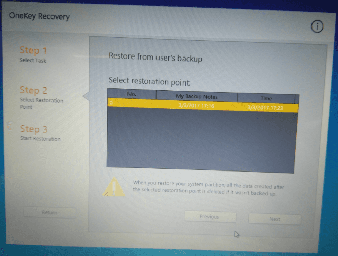 Sélectionner le point de restauration lors de l'utilisation de la récupération Lenovo Onekey