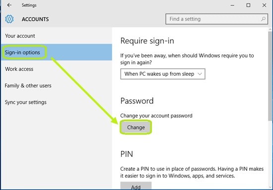 Klicken Sie bei sign in options auf Change-Button, um das Microsoft-Passwort zurückzusetzen