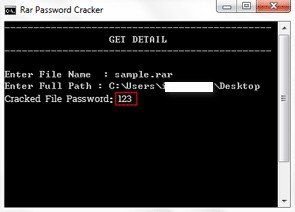 show the cracked rar password by using cmd