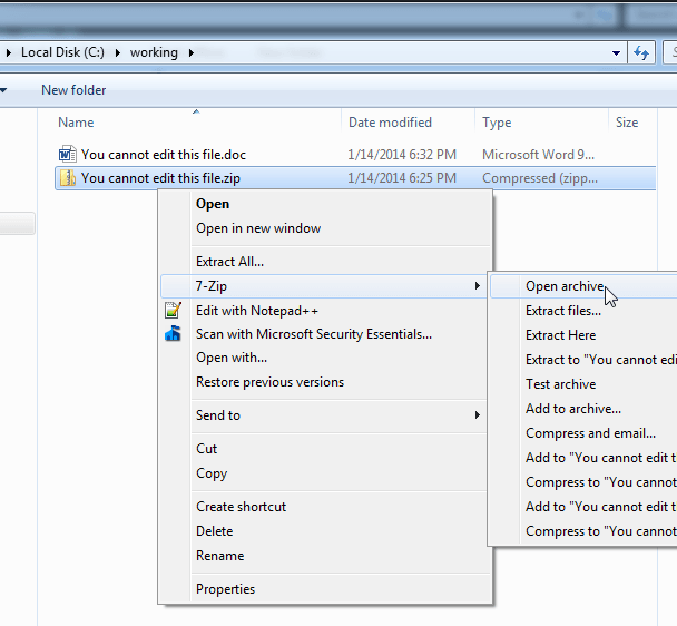 choose the 'Open archive' option to unlock word file