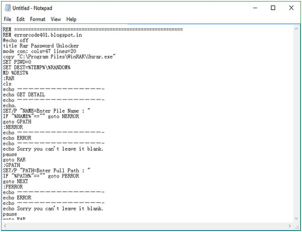 coller le code dans Notepad pour supprimer le mot de passe zip