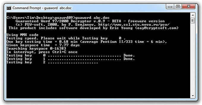 Guaword Command Prompt to recover Word password
