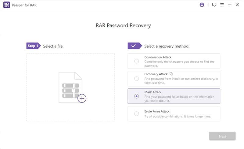 sélectionner un fichier RAR dans passper for rar