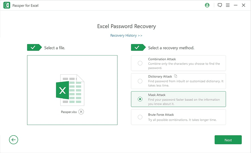 sélectionner le mode de récupération souhaité pour déverrouiller le mot de passe Excel