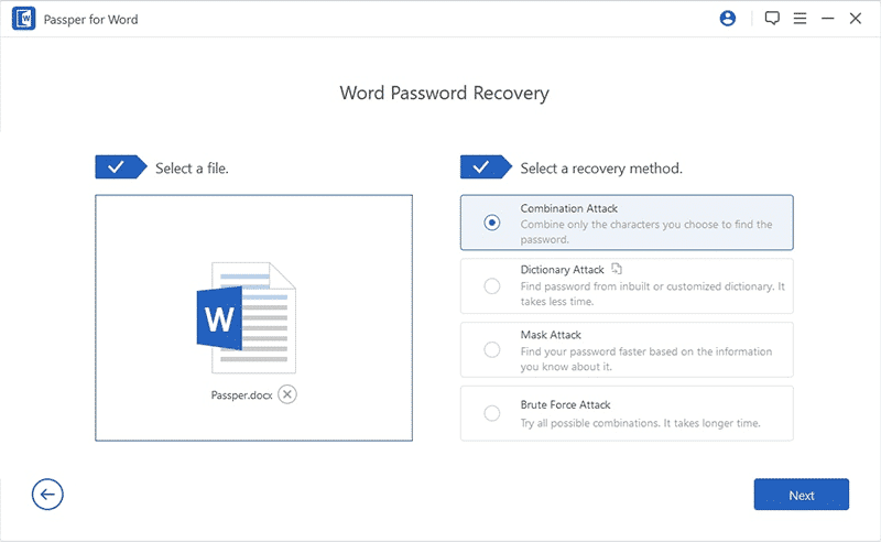 sélectionnez l'un des modes d'attaque de récupération de mot de passe pour le fichier Word