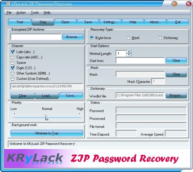 krylack zip password recovery tool
