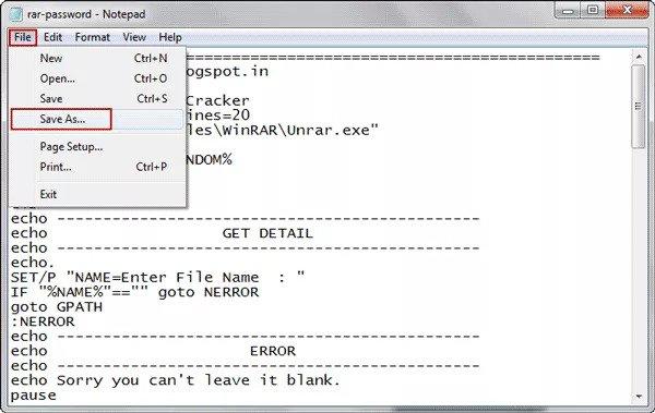 save as notepad file with the bat extension to get past RAR password