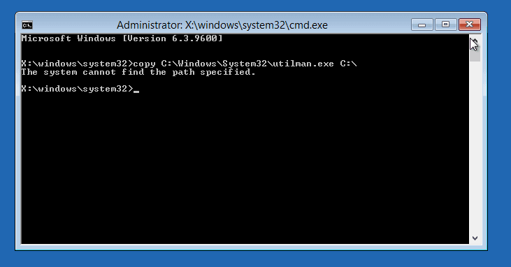 screenshot  of get an error in Windows 8.1 password reset
