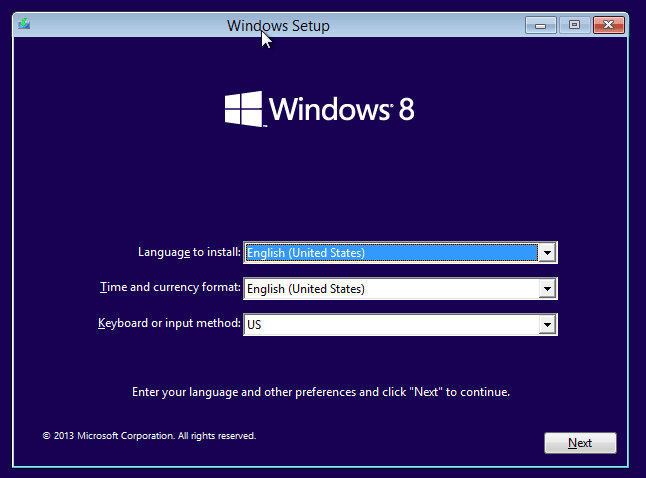 select the appropriate option to install Windows 8.1