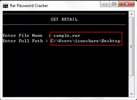 type name and path of rar file in cmd to open rar file without password