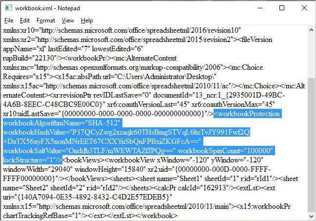 delete highlight workbookProtection content in notepad to decrypt excel