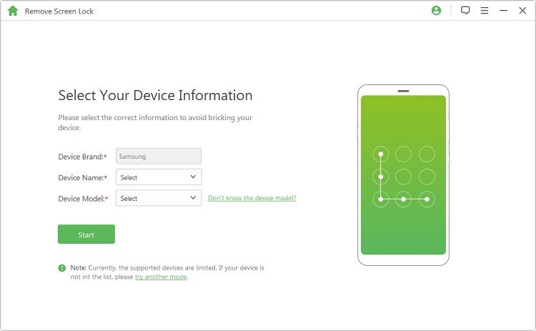 select device details to remove screen lock