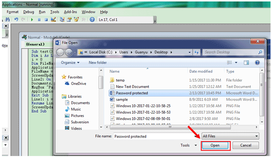 select open file to continue the recovery of Word password with VBA