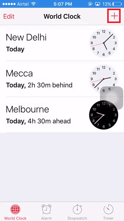 Tap on icon on the world clock interface