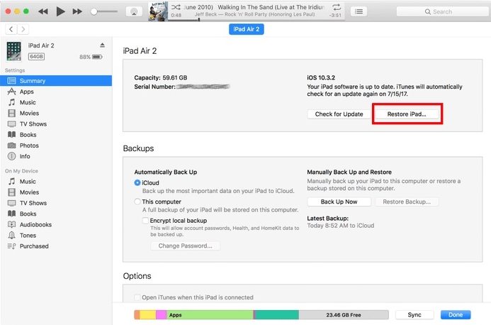 trouvez l’option “Restore iPad” pour réinitialiser un iPad verrouillé