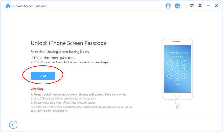 imyfone unlock iphone screen passcode start