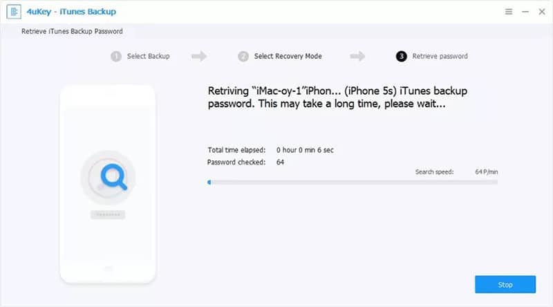Récupération du mot de passe de sauvegarde iPhone démarrée par Tenorshare 4uKey iTunes Backup
