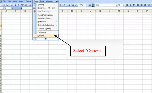 select options under tools