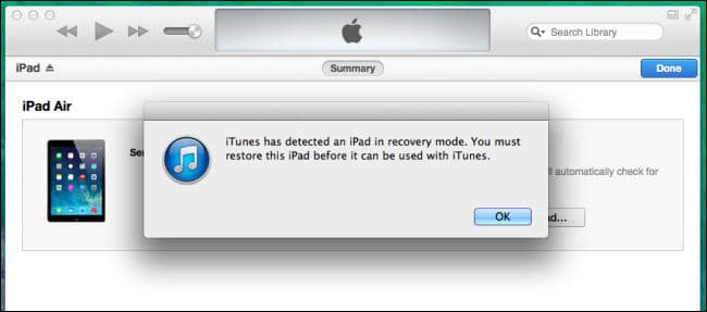 Click OK to restore locked ipad or ipad mini via iTunes