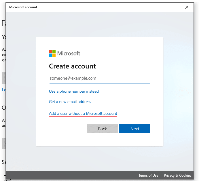 Cliquez sur “Add a user without a Microsoft account” pour supprimer le compte de Microsoft