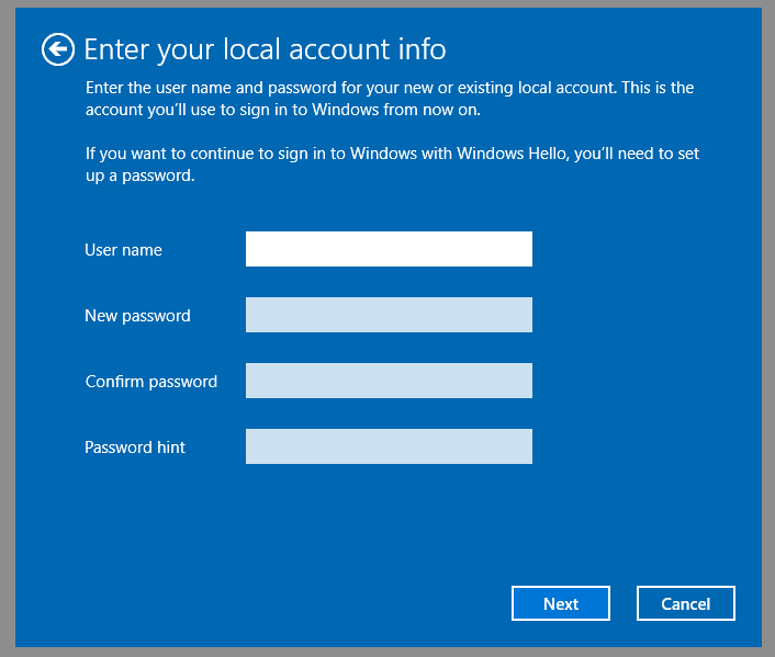 enter the credentials for the local user account