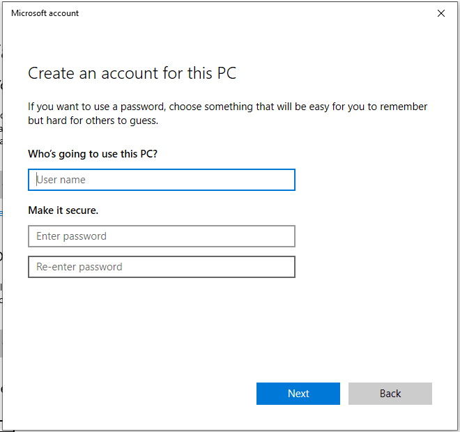 enter the credentials for the new user account