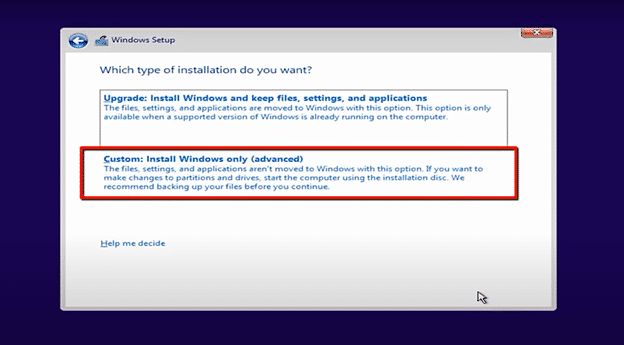 choose custom install Windows only to upgrade Windows Vista to Windows 10