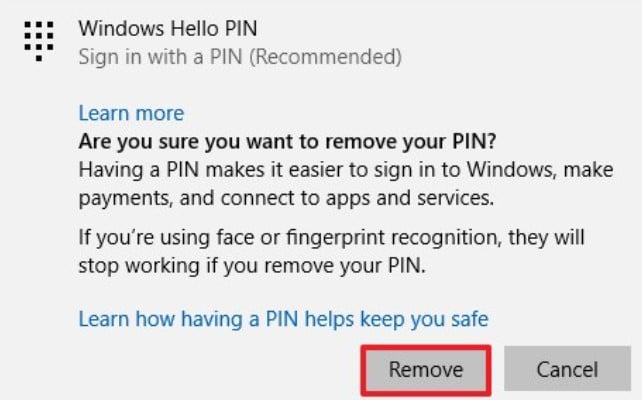 choose Remove to disable Windows Hello PIN
